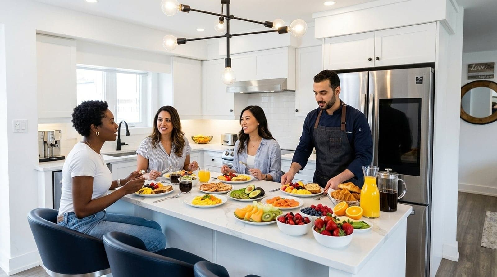 A chef in an apron serving breakfast across the kitchen island to three guests seated with plates, fruit, pastries and coffee